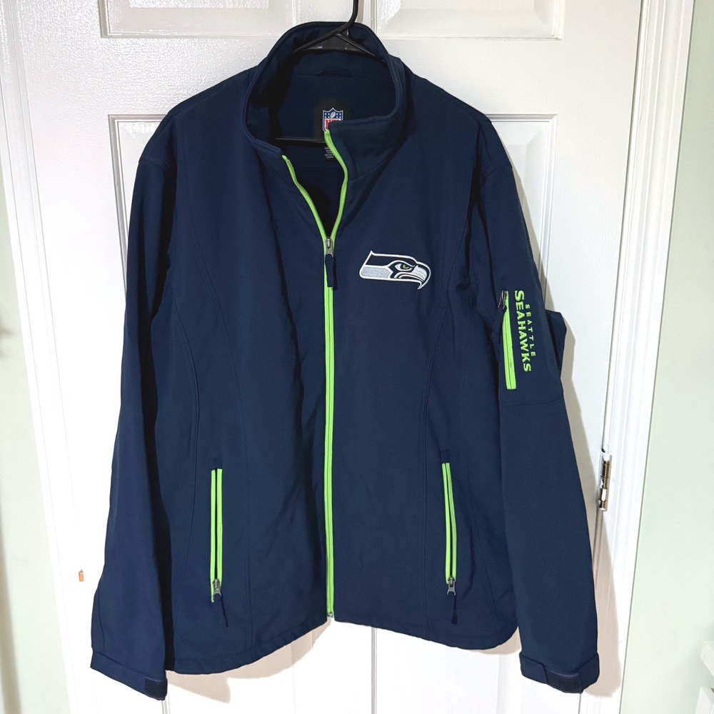 NFL Seattle Seahawks Mens XXL Softshell Jacket Navy Blue Full Zip Lime Green